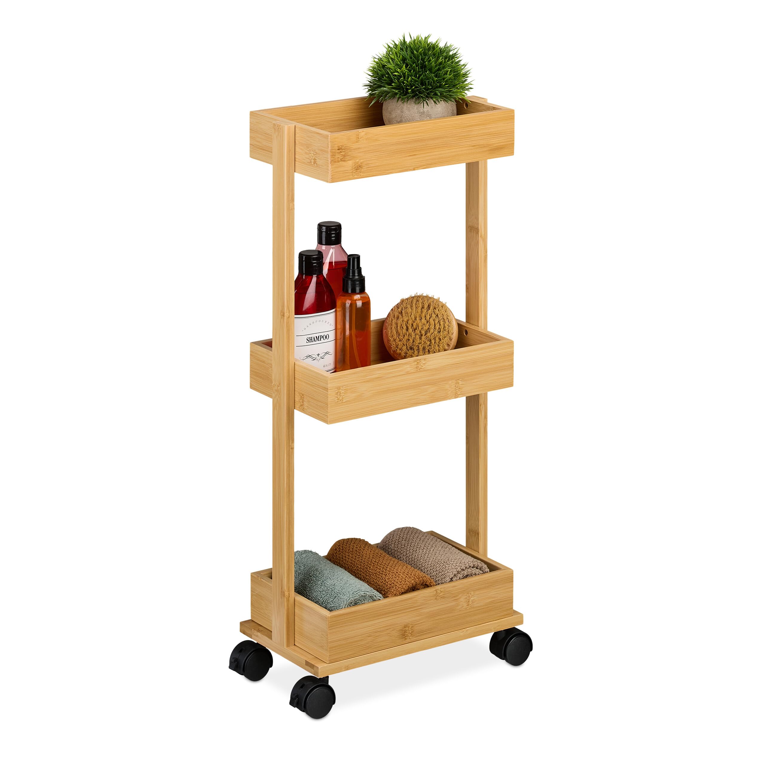 Relaxdays Desserte de Cuisine, Chariot en Bambou, 3 Niveaux, Hxlxp : 71,​5x31x18 cm, 4 roulettes, Salle de Bain, Naturel