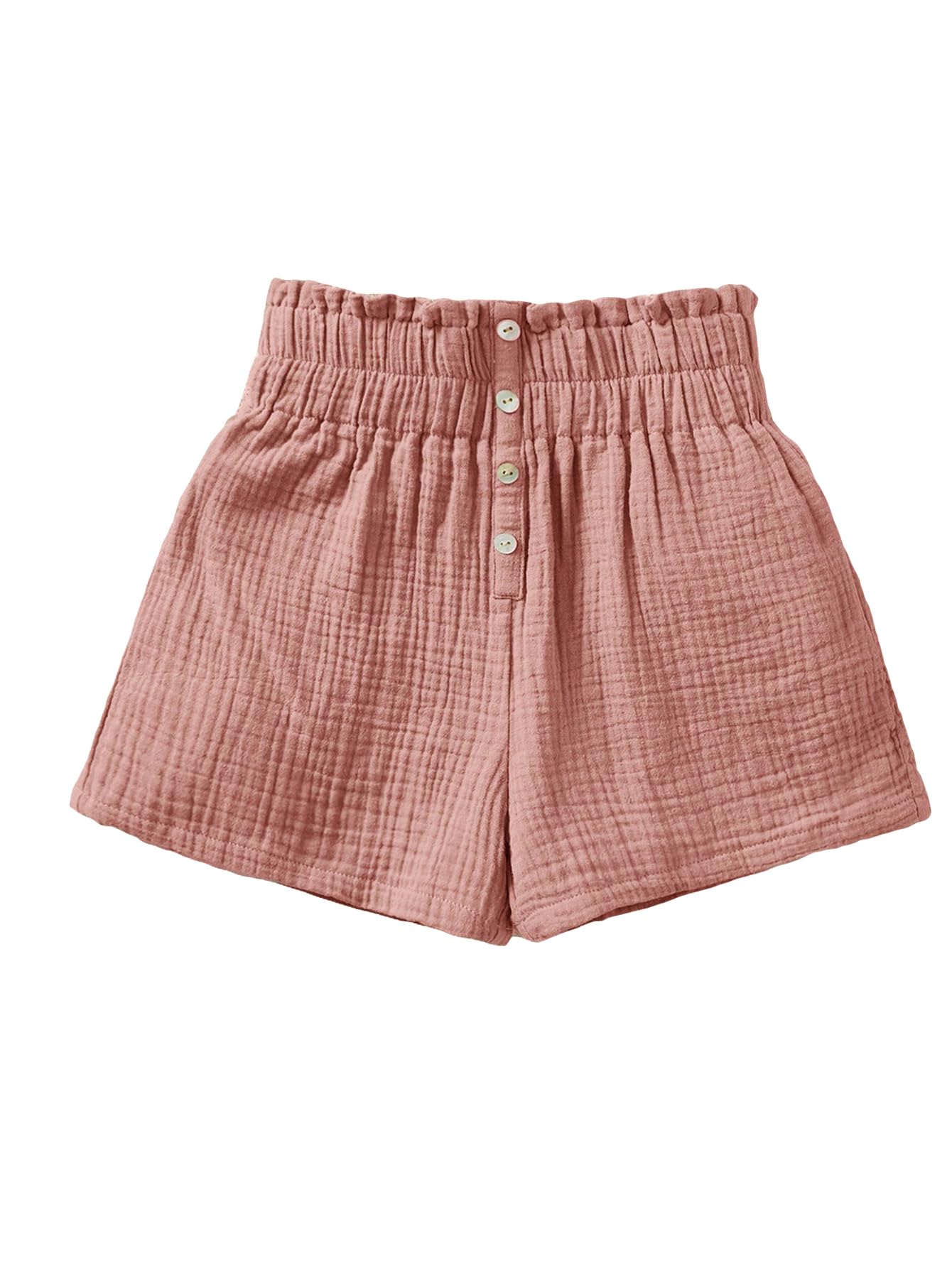 SweatyRocks Girl's Elastic Waist Solid Ruched Shorts Paperbag Waist Button Front Shorts