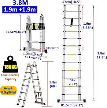 Stainless Steel Portable Folding Extendable Telescopic Ladder with Stabilizer Bar - Multi-purpose, EN131 Standard, Max Load 330LBS (1.9+1.9 M) for Home, Office, Loft Use