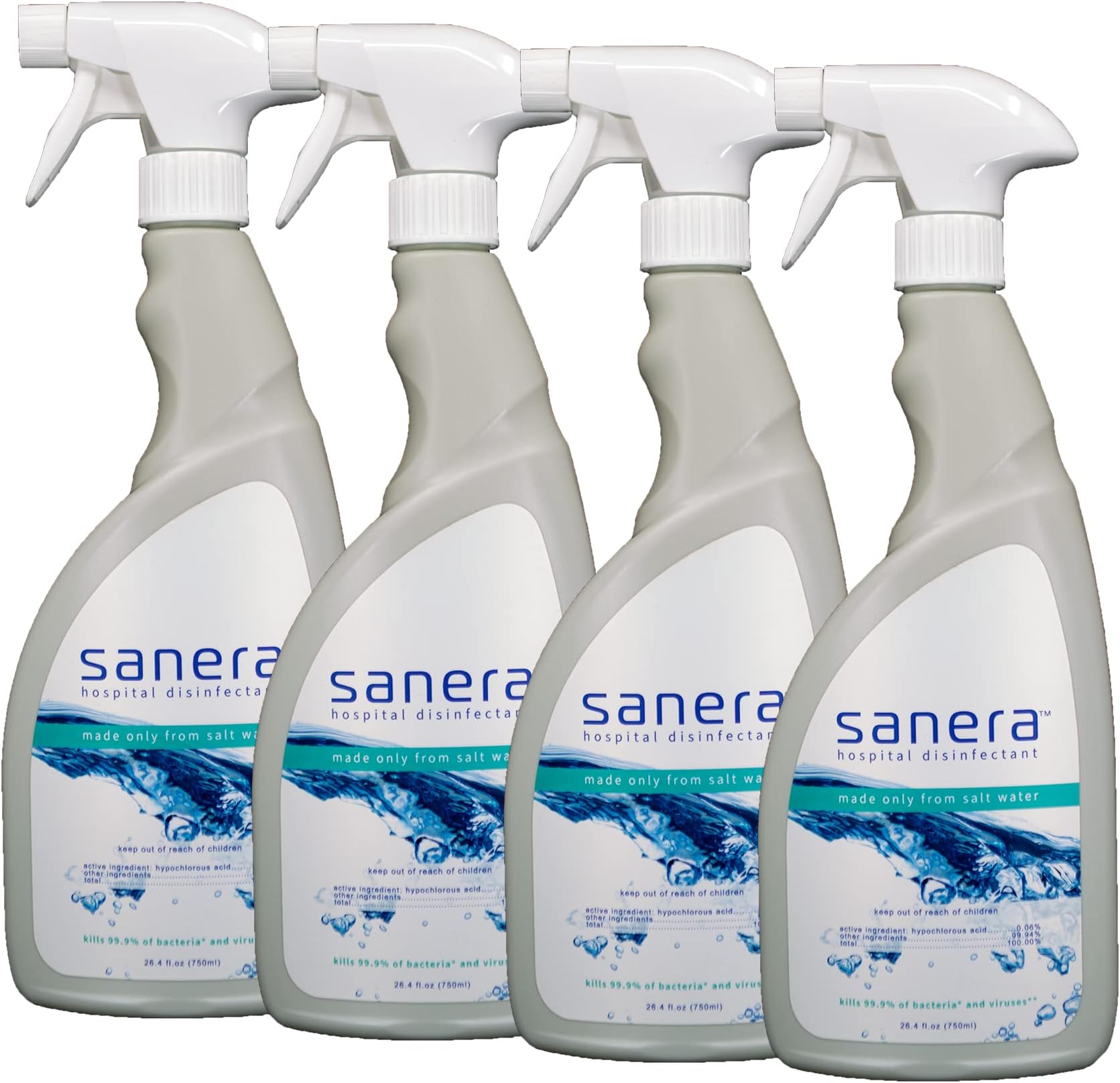 hospital disinfectant cleaner • superior strength: 800ppm FAC (hypochlorous acid) • long lasting: 8 mo. • highly sustainable: 100% recycled bottle & boxes • value pack: 4 x 26.4oz spray bottles