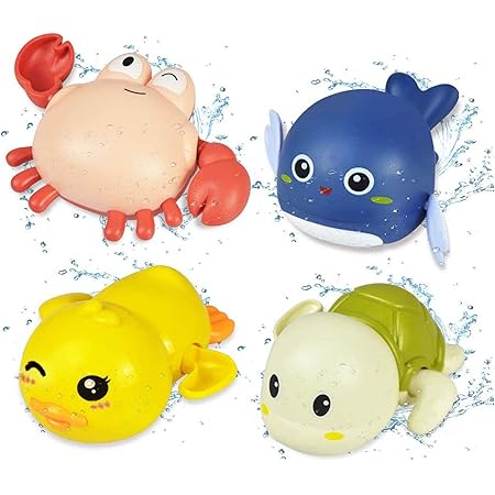 Amazon 泳げるカメ イルカ お風呂おもちゃ 小さな黄色いアヒル小さなカニ お風呂遊び 浴槽のおもちゃ 時計じかけの子供のおもちゃ ビーチおもちゃ 知育玩具 4点セット お風呂用おもちゃ おもちゃ
