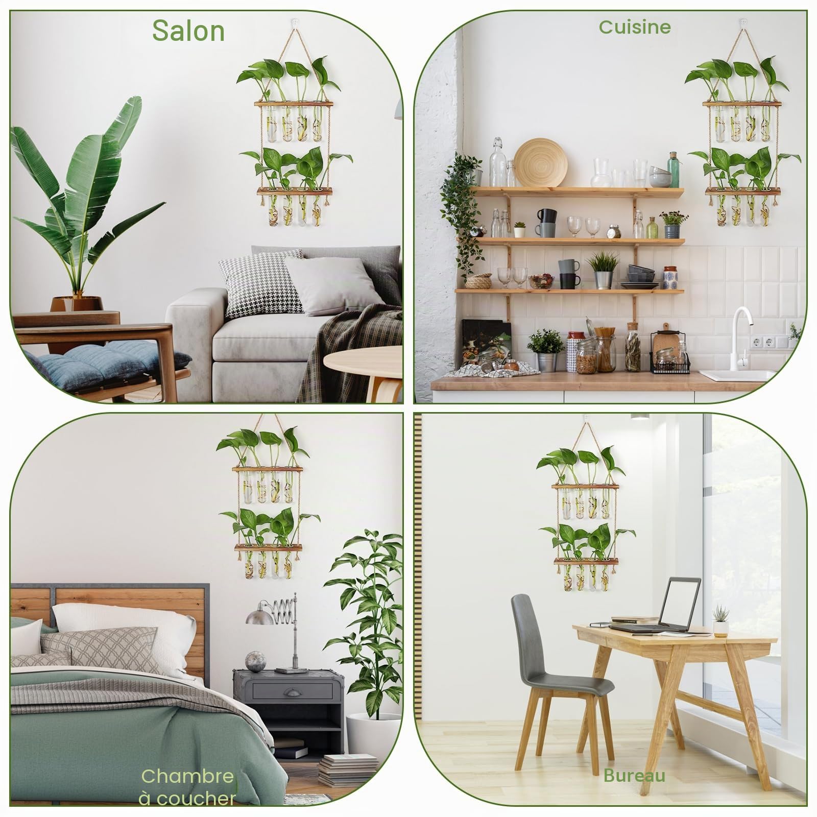 Vase Mural en Verre 2 Étage, 8PCS Vase Tube à Essai, Pot de Fleur avec Support en Bois, 42x20cm