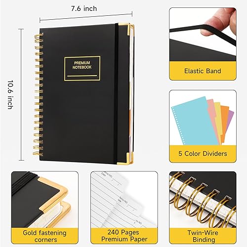Miniatura 2 de Huhuhero Cuaderno de 5 asignaturas, 240 páginas rayadas en espiral con rayas universitarias, 7.6 x 10.5 pulgadas, cuadernos B5 de tapa dura para