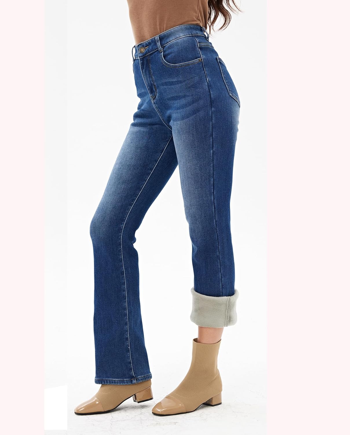 Fakanhui Women's Fleece Lined Jeans Flared Bootcut Winter Thermal Flannel Lined Jeans Warm Denim Jeans