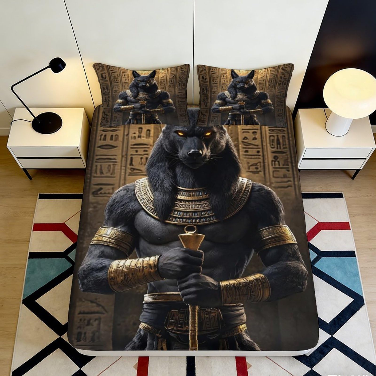 3D Printed Egyptian Anubis Fitted Sheet Microfiber Soft Black Gold Pharaoh Bed Cover for Bedroom Decor Protection 90x200x25cm