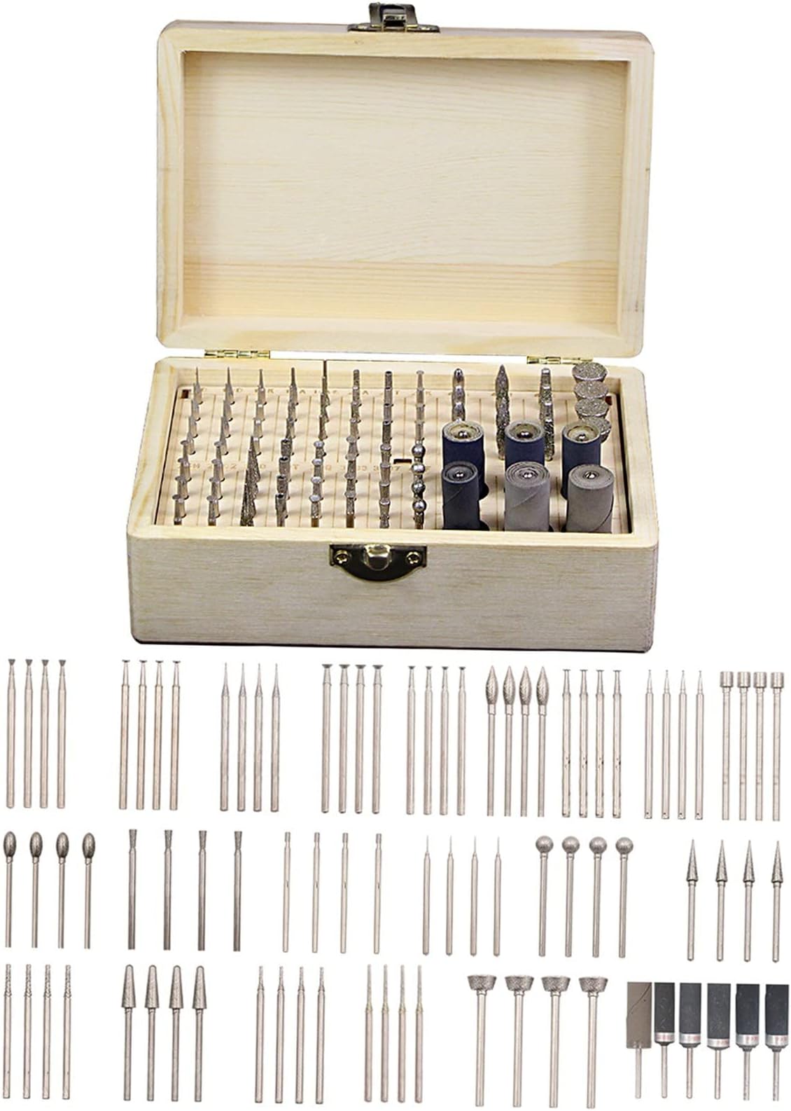 86pcs Rotary Tool Accessories Kit Diamond Burr Bits Drill Polishing Kit for Sanding Polishing Cutting Carving Wood Stone Jewelry Glass Ceramic with Wooden Case