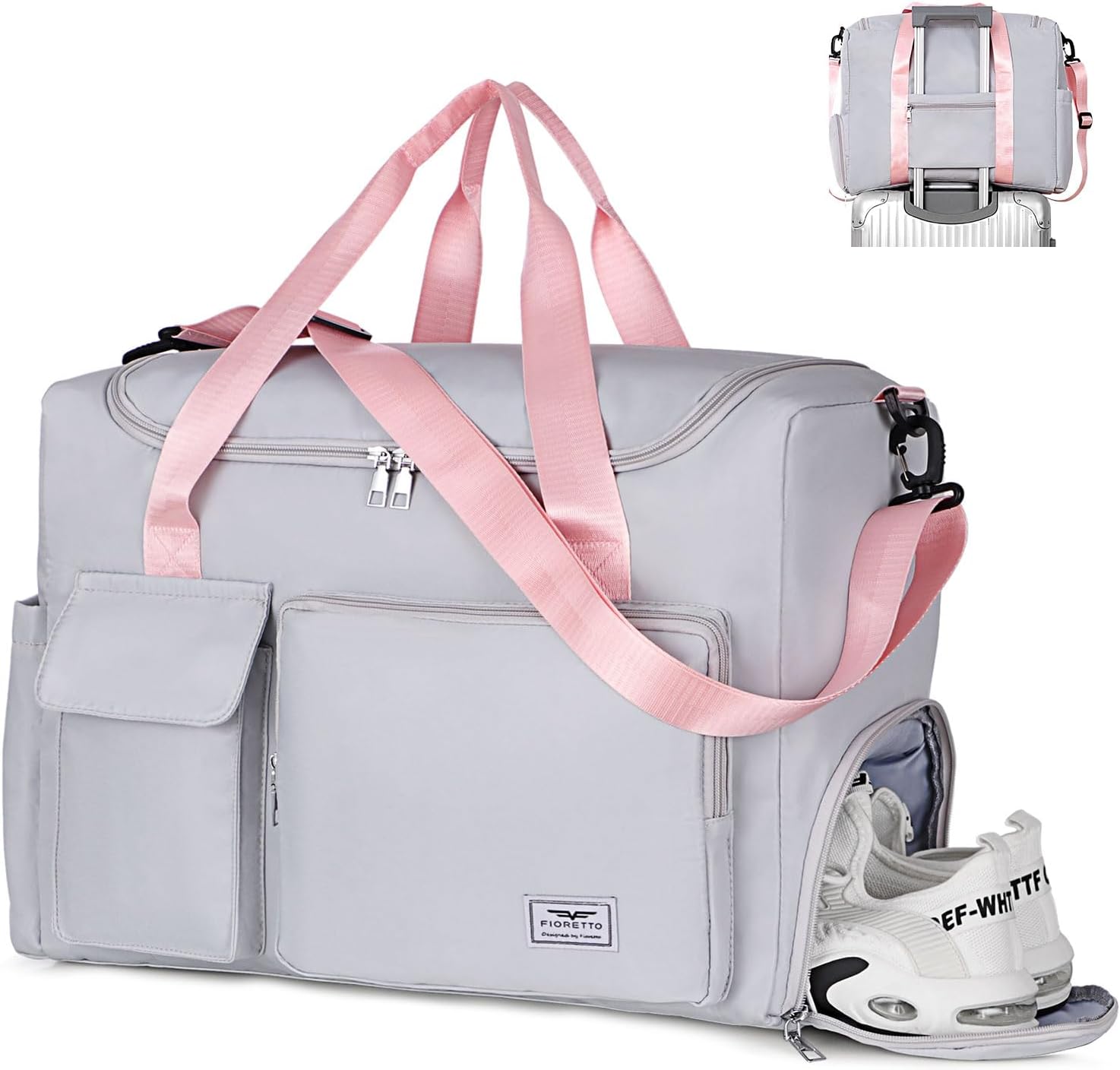 FIORETTO for Easyjet Airlines Cabin Bag 45x36x20 Underseat Travel Duffle Bag Holdall Tote Carry on Luggage Holdall for Women and Men with Shoulder Strap Grey&Pink