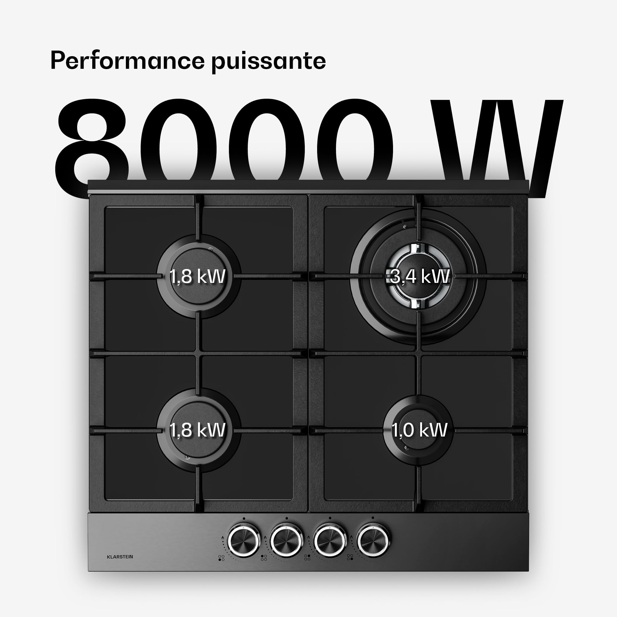 Klarstein Verosteel Plaque de Cuisson Gaz 60cm - 4 Brûleurs 8000W, Verre & Inox, Allumage Électrique, Sécurité Anti-Flamme, GPL & Gaz Naturel, Kit Inclus, Acier inoxydable noir