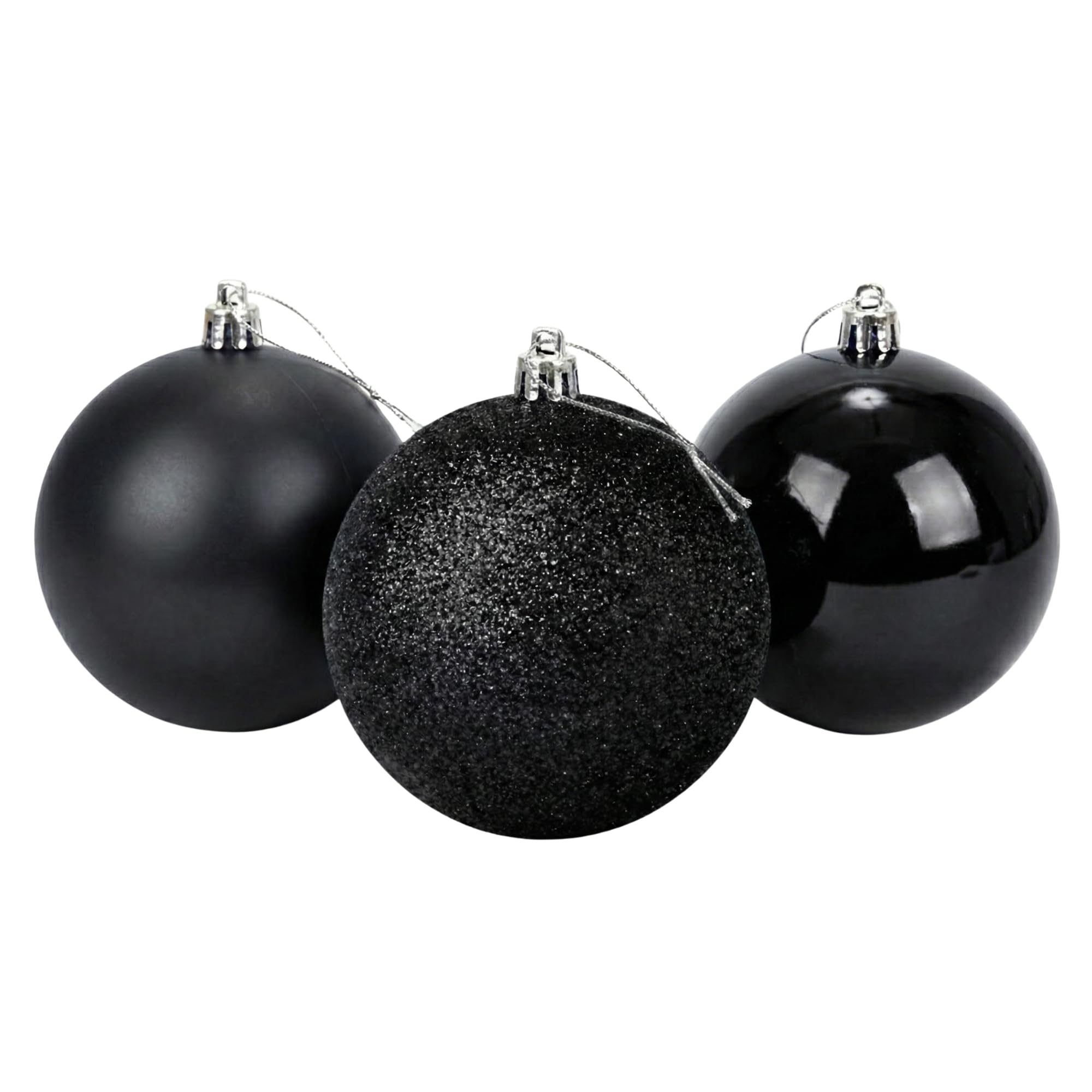 20cm/3Pcs Large Black Baubles PVC Shatterproof Glossy, Matt, Glitter Finish Christmas Balls Ornaments Assorted Set- Festive Xmas Tree Hanging Decorations, Round Ornament for Holiday Home Decor