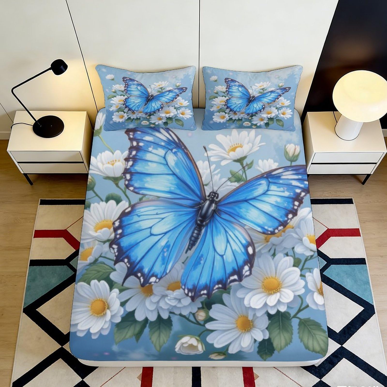 3D Printed Blue Butterfly Daisy Fitted Sheet Microfiber Soft Bed Cover Non Slip Machine Wash Bedroom Decor Mattress Protector 140x200x25cm