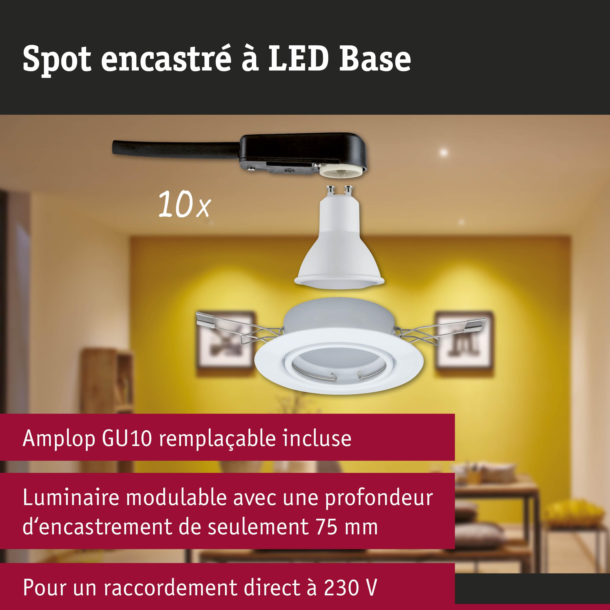 Paulmann 93400 Base encastrés LED rond max. 10 watts Spots encastrés Blanc dépoli lampe encastrée Métal spots pour plafond GU10