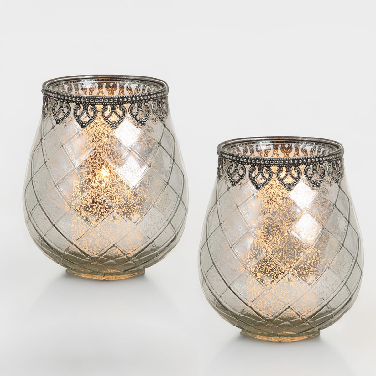 Vintage Kerzengläser Windlichter silber - 2 Moderne Windlichtgläser in 18 cm als Kerzenständer Laterne Teelichthalter - Boho Kerzenhalter Teelichtglas als Hochzeit Tisch-Deko Balkon Garten Deko