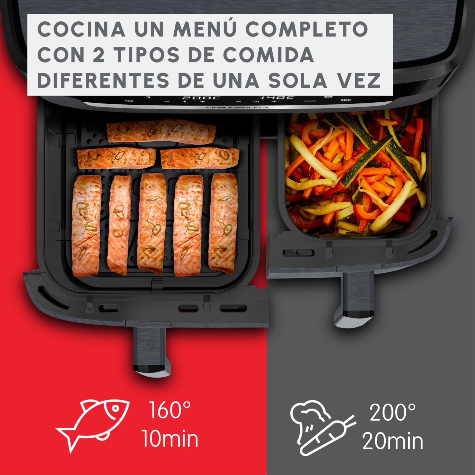 Moulinex XXL Dual Easy Fry 11L: Freidora de Aire de Doble Cesta +8 Personas, Dos cestas (6,5 L + 4,5 L),7 Programas Automáticos, EZ942BF0