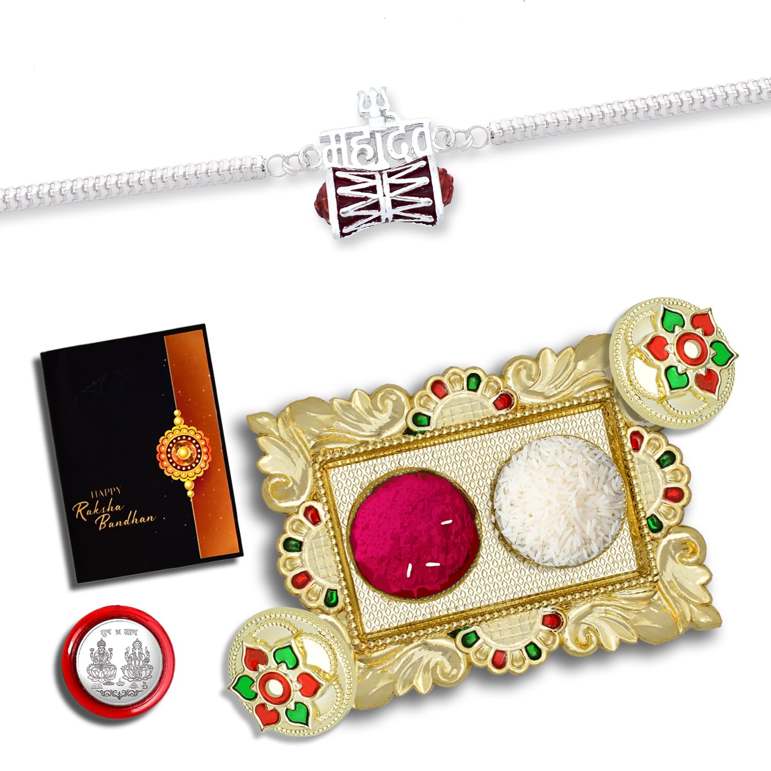 Periapt (K1_C17_AA1) Rakhi Combo with Pooja Coin, Gold Color Pooja Thali / Tilak Set & Greeting Card, rakhi thali set | Rakhi with plate | rakhi hamper | handmade rakhi | rakhi for brother kids | rakhi for brother and bhabhi | men fancy rakhi | rakhi set of 1-image-45