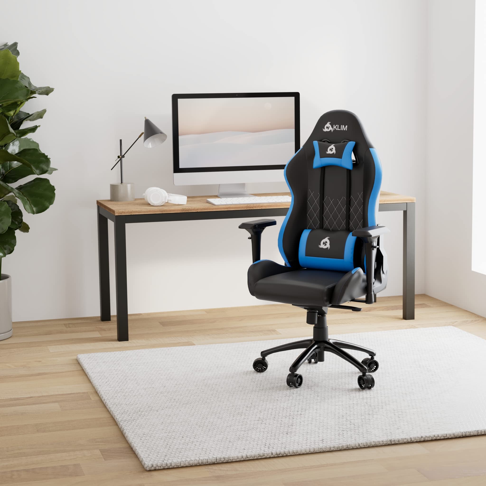 KLIM eSports - Sedia gaming blu di Alta Qualità + Supporto Lombare e Cervicale + Reclinabile + Poltrona Gaming Ergonomica e Regolabile + Pelle Sintetica e Materiali Premium [NUOVA VERSIONE]