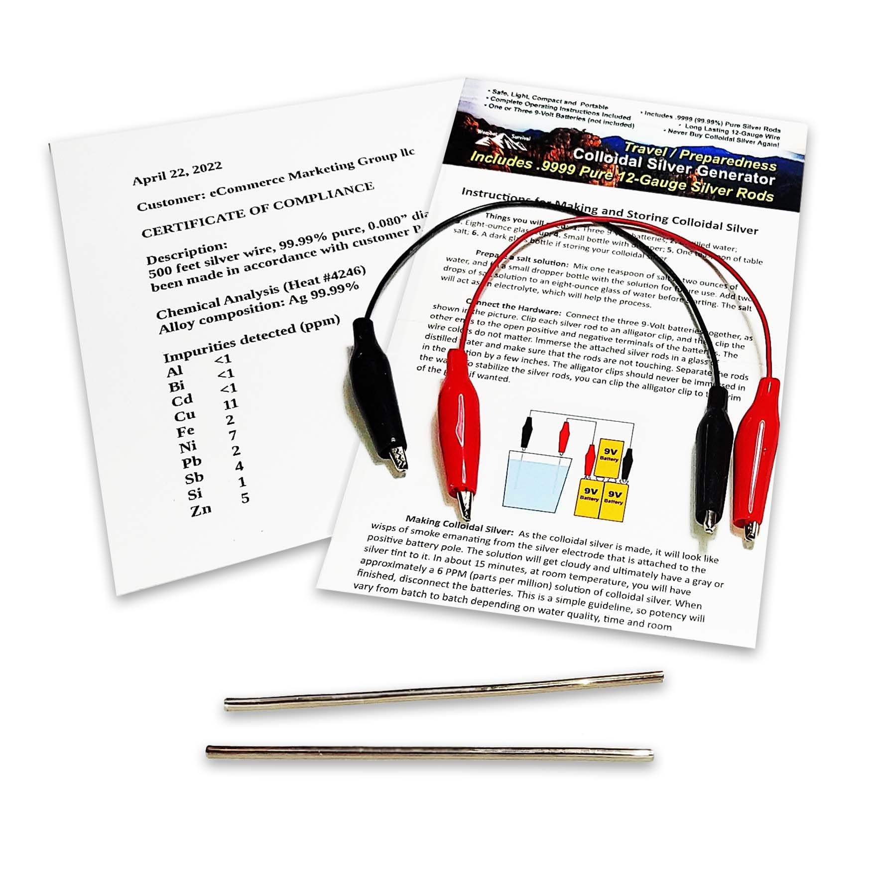 Colloidal Silver Generator Wire 99.99% Pure 12-Gauge (0.08 in./2.06 mm) Set of (2) 4-Inch Rods + Mini/Travel Generator - Includes Wires + Complete Instructions
