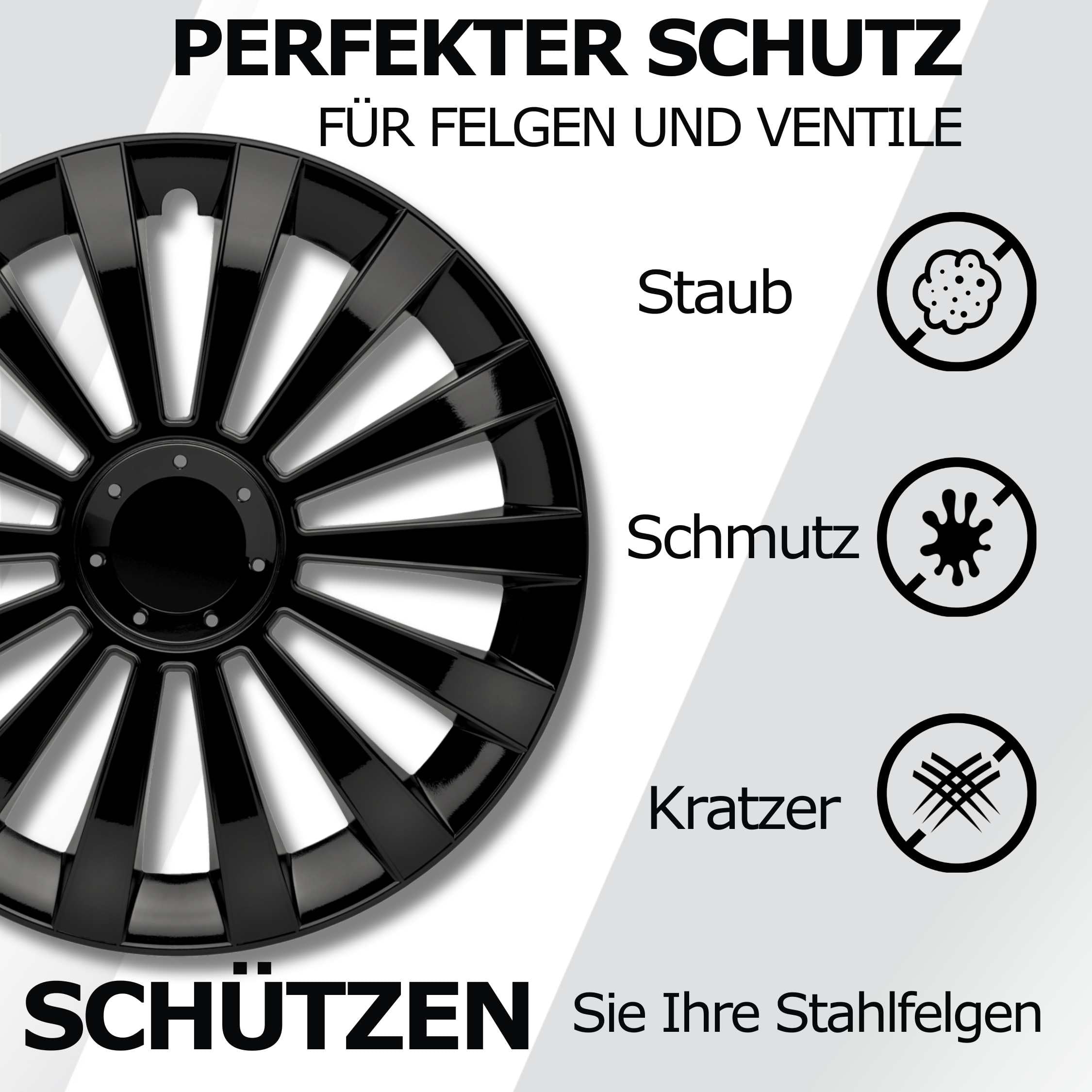 Radkappen 16 Zoll Schwarz Radzierblenden 4er-Set Meridi für Stahlfelgen | Zierkappen, Radblenden & Felgenabdeckung, rostfrei & witterungsbeständig, einfache Clip-Montage, für die meisten Automarken