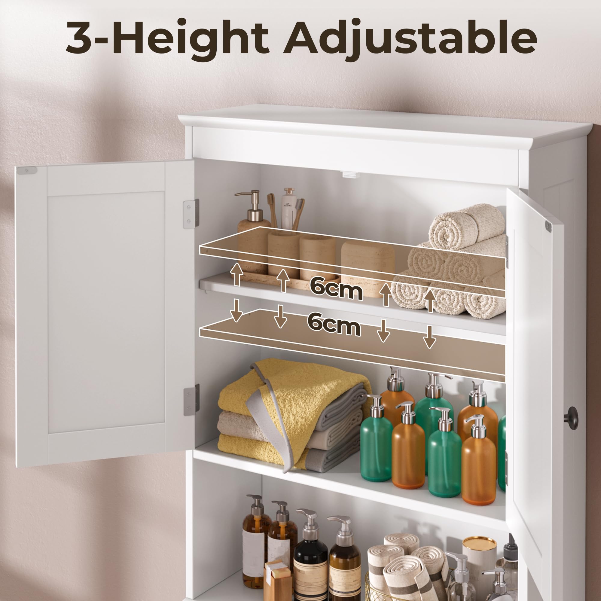 Armadio sopra WC per bagno, scaffale WC bianco con ripiani regolabili, mobile freestanding con ante, struttura robusta, 168 x 60 x 24 cm