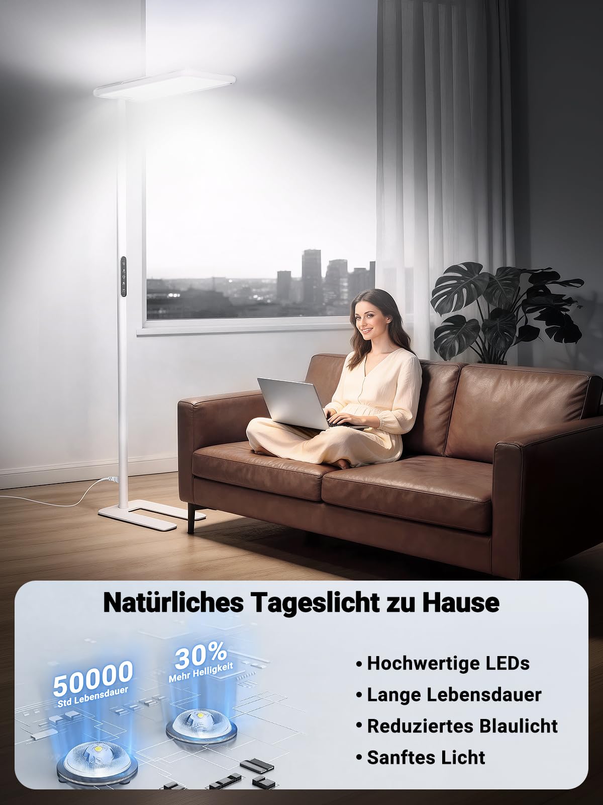LED Büro Stehleuchte dimmbar, 100W 8300lm, UGR<19 blendfrei, CRI≥97 Tageslichtlampe Stehlampe, Up & Downlight Deckenfluter LED, 4000K Neutralweiß, Stehlampe Schreibtisch Home Office Wohnzimmer