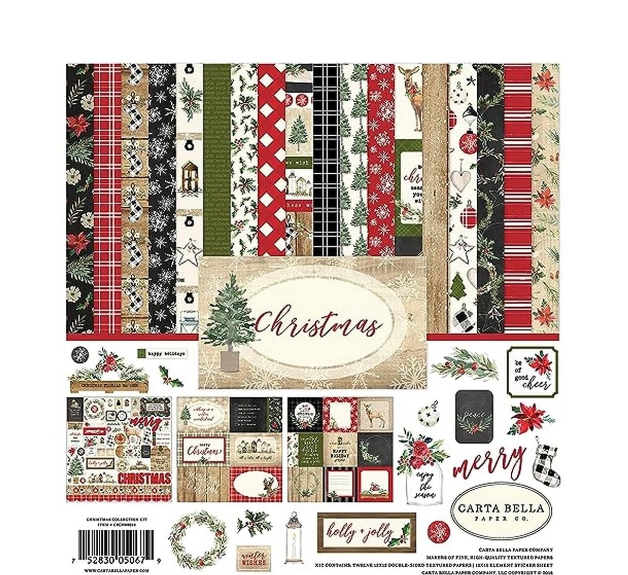 Carta Bella Paper Company Christmas Collection Kit paper, Red/Green/Black/Tan, 12-x-12-Inch