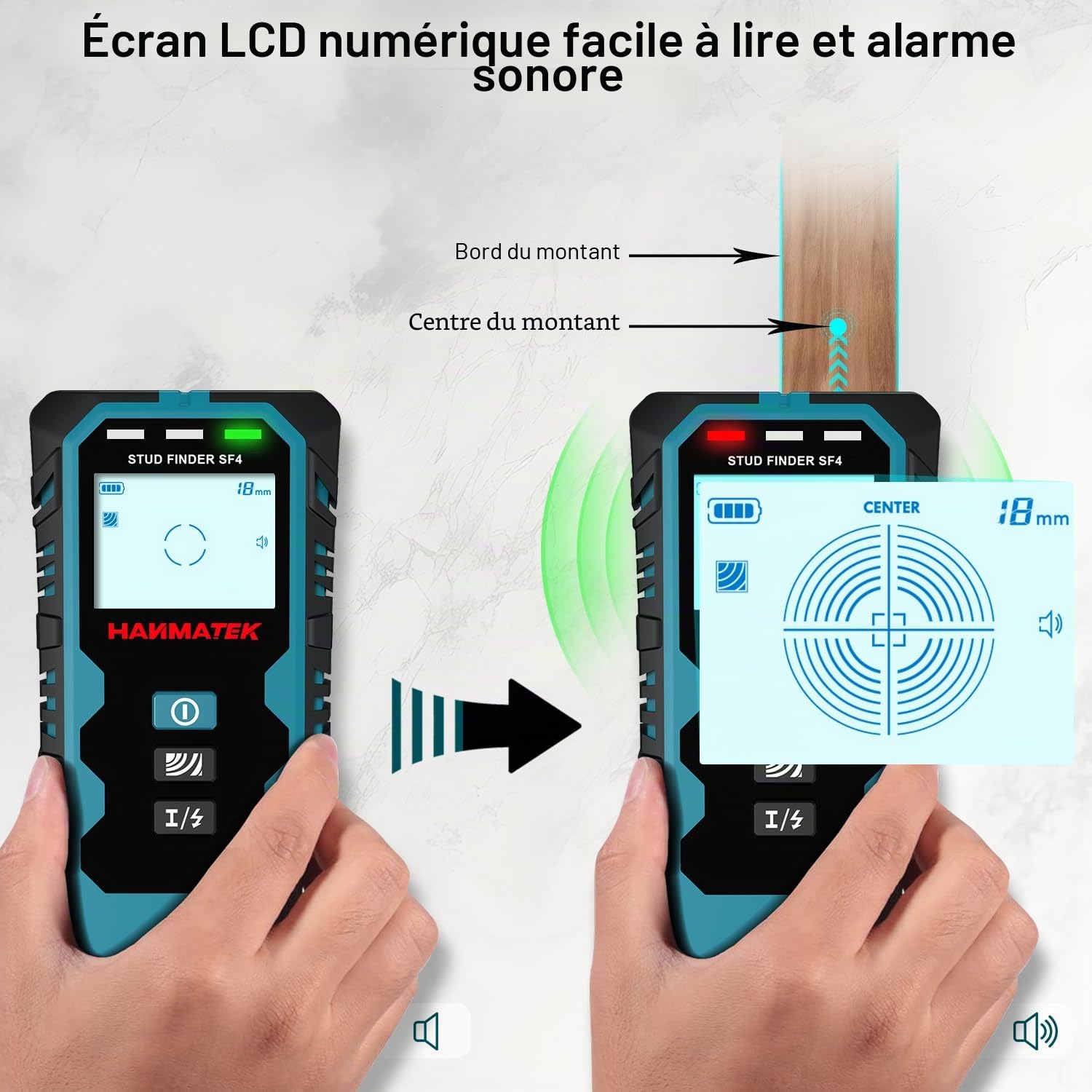 HANMATEK SF4 Détecteur de Montants Mural 5 en 1 – Capteur Électronique pour Clous en Bois, Métal, Fils AC sous Tension