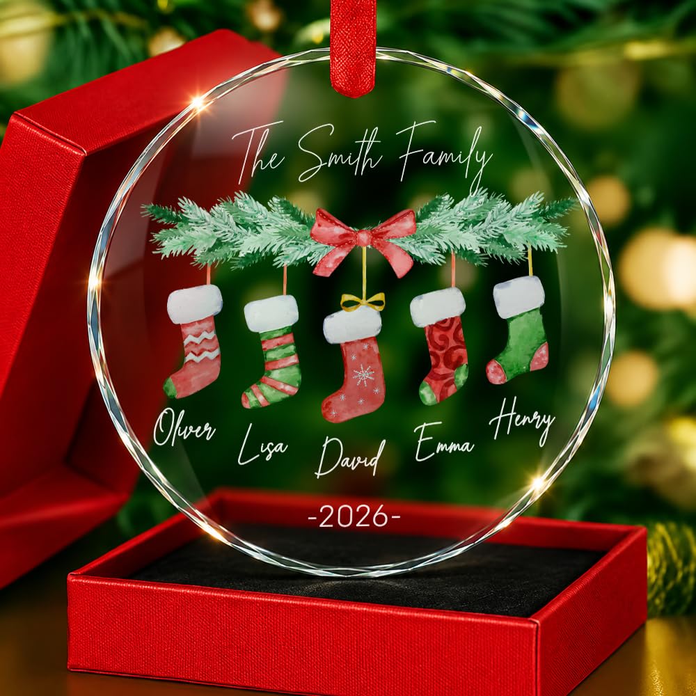 Personalized Family Christmas Stocking Crystal Ornament - Custom Member Name Ornaments, First Christmas As Family of Three Four Five, Parents Gifts Hanging Xmas Tree Ornaments Keepsake for Relatives