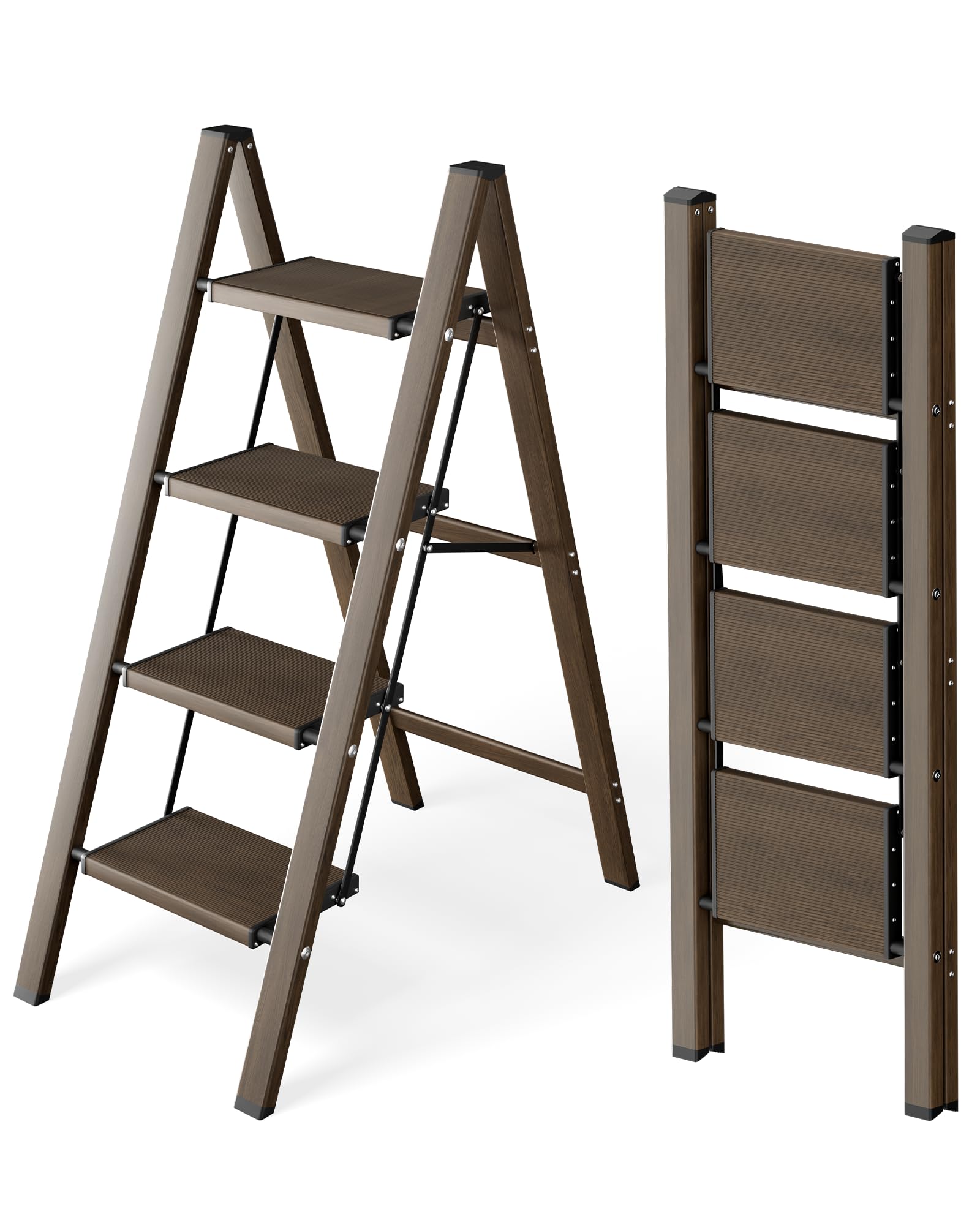 Scaletta pieghevole a 4 livelli, capacità 150 kg, con pedale antiscivolo, sgabello portatile in alluminio, facile da riporre, per interni ed esterni, aspetto estetico, effetto noce