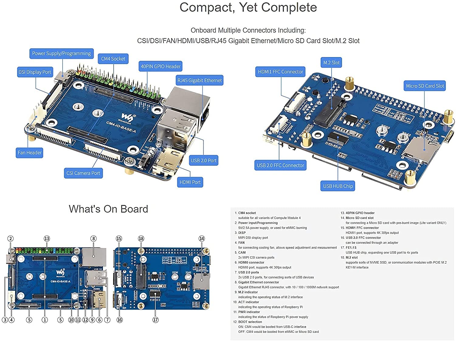 for Raspberry Pi Compute Module 4 IO Board,Mini Base Board (A) Lite Version with Standard CM4 Socket and Color-Coded Raspberry Pi 40PIN GPIO Header Onboard CSI/DSI/FAN/HDMI/USB/RJ45 Connectors