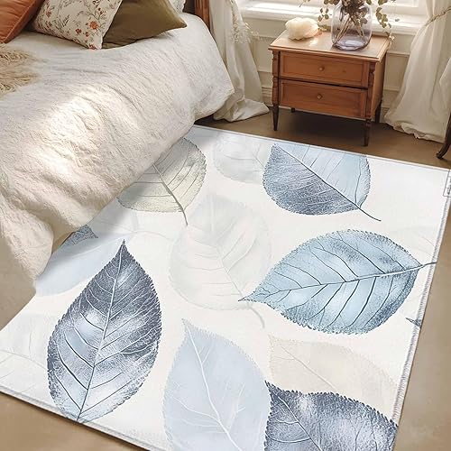 Miniatura 1 de 3x5 Area Rugs, Blue Green Retro Leaves Non-Skid Rubber Backing Large Rectangle Rugs - Living Room Bedroom Home Office, Rustic Botanical Watercolor