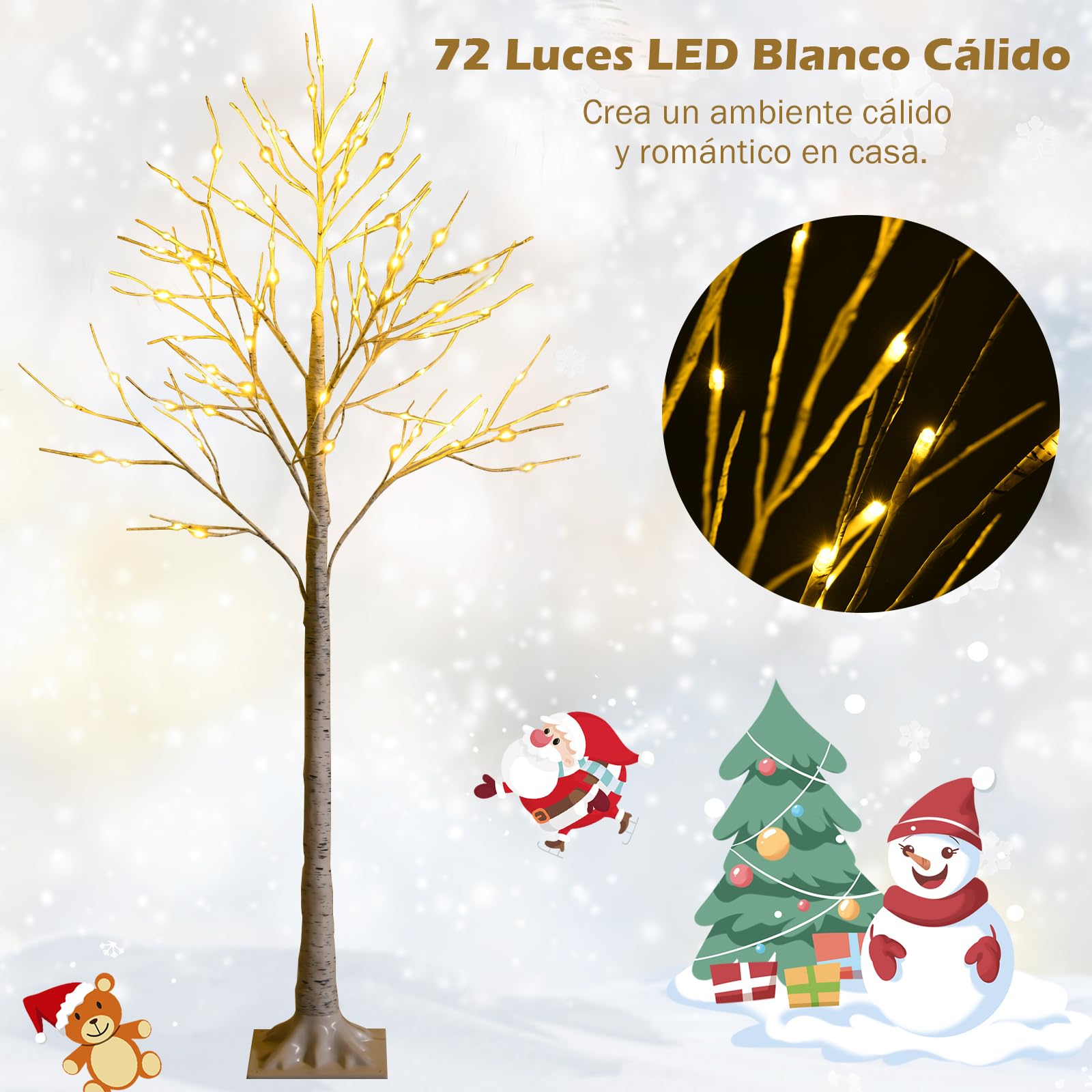 GYMAX Árbol de Navidad 120/150/180 cm, Abedul Iluminado con 48/72/96 Luces LED Blanco Cálido, Árbol de Navidad de PVC, Decoración Brillante para Navidad, Hogar (150 cm)