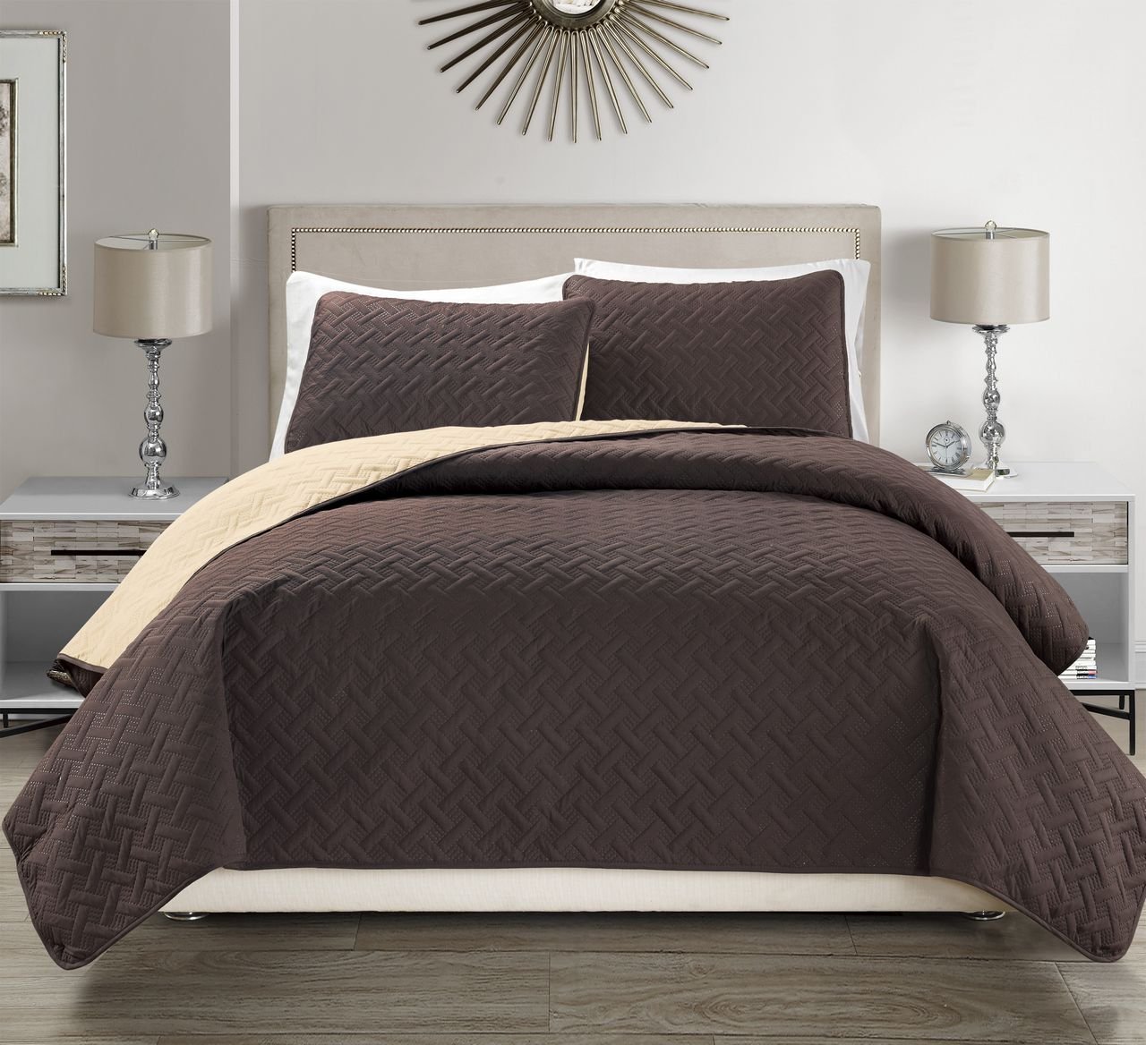 KingLinen Embossed Geometric Reversible Bedspread/Quilt/Coverlet with Sham Set (Coffee, Queen)