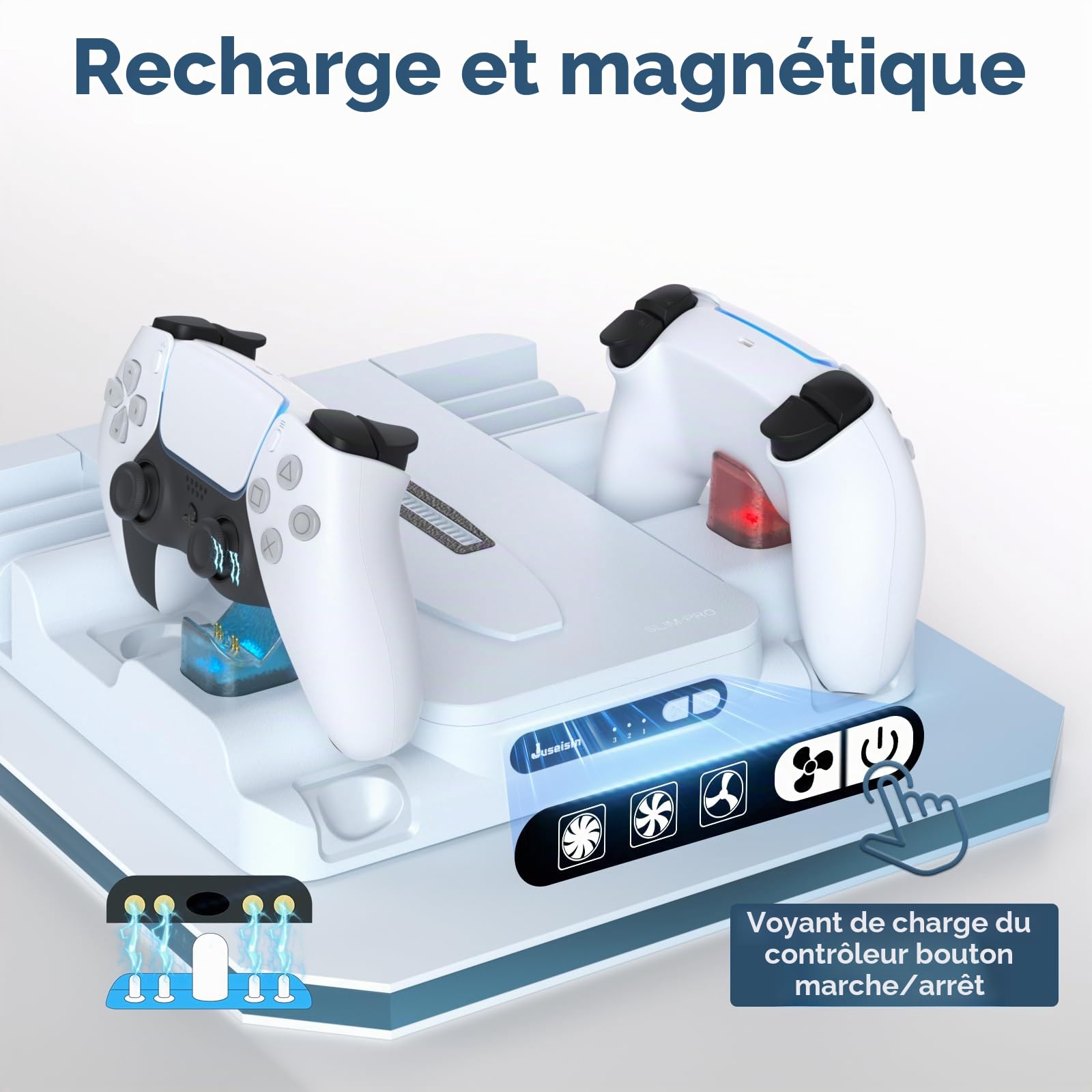 Station de charge pour PS5 avec ventilateur de refroidissement et support de carte de jeu, ventilateur à 3 compartiments, pour consoles PS5/Slim/Pro, double manette, station de charge rapide