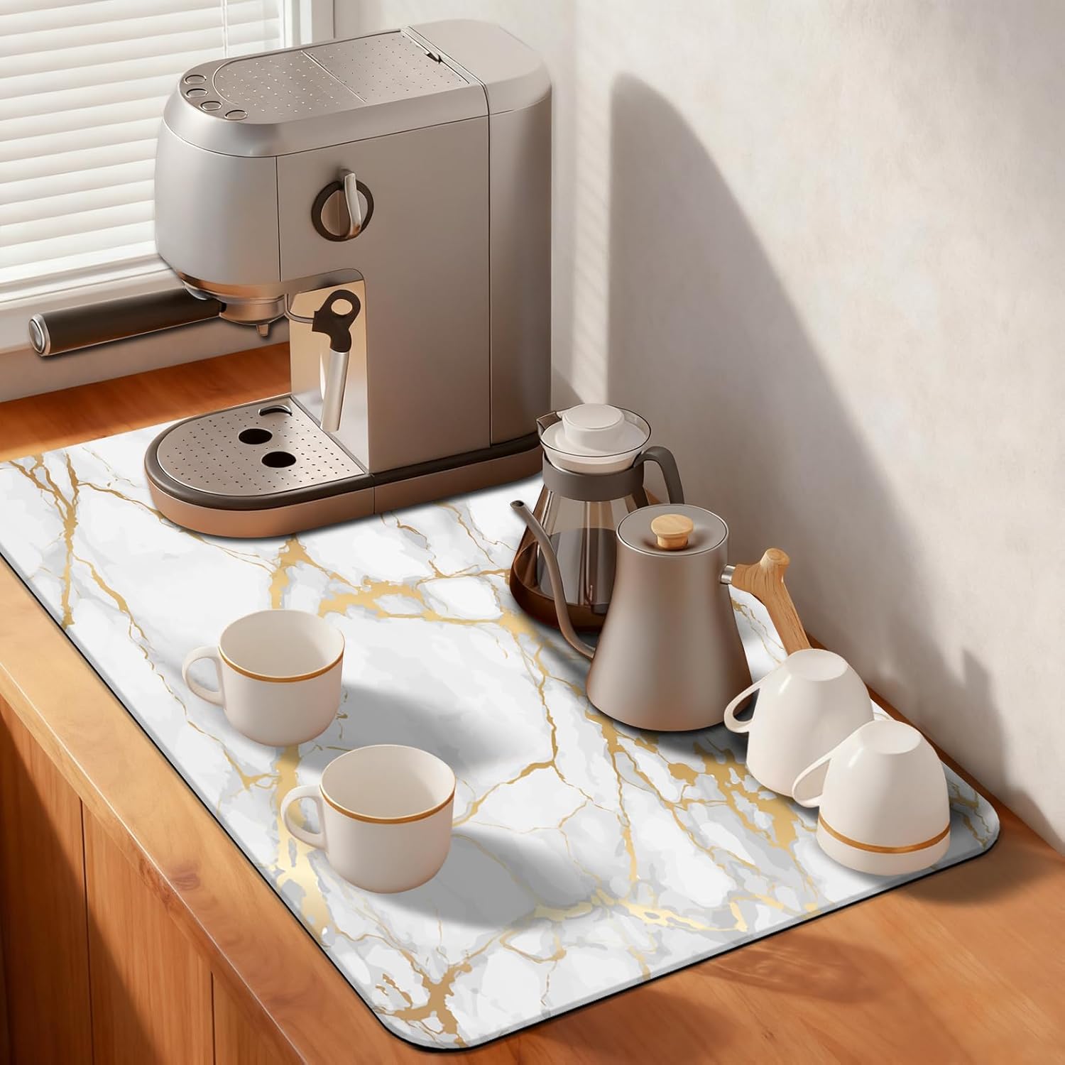 MCALK Marble White Coffee Mat for Kitchen Counter, Gold Dish Drying Pad with Anti-Slip Rubber Base, Absorbent Kitchen Sink Mat with Modern Art Decor, Marble White 12″x20″
