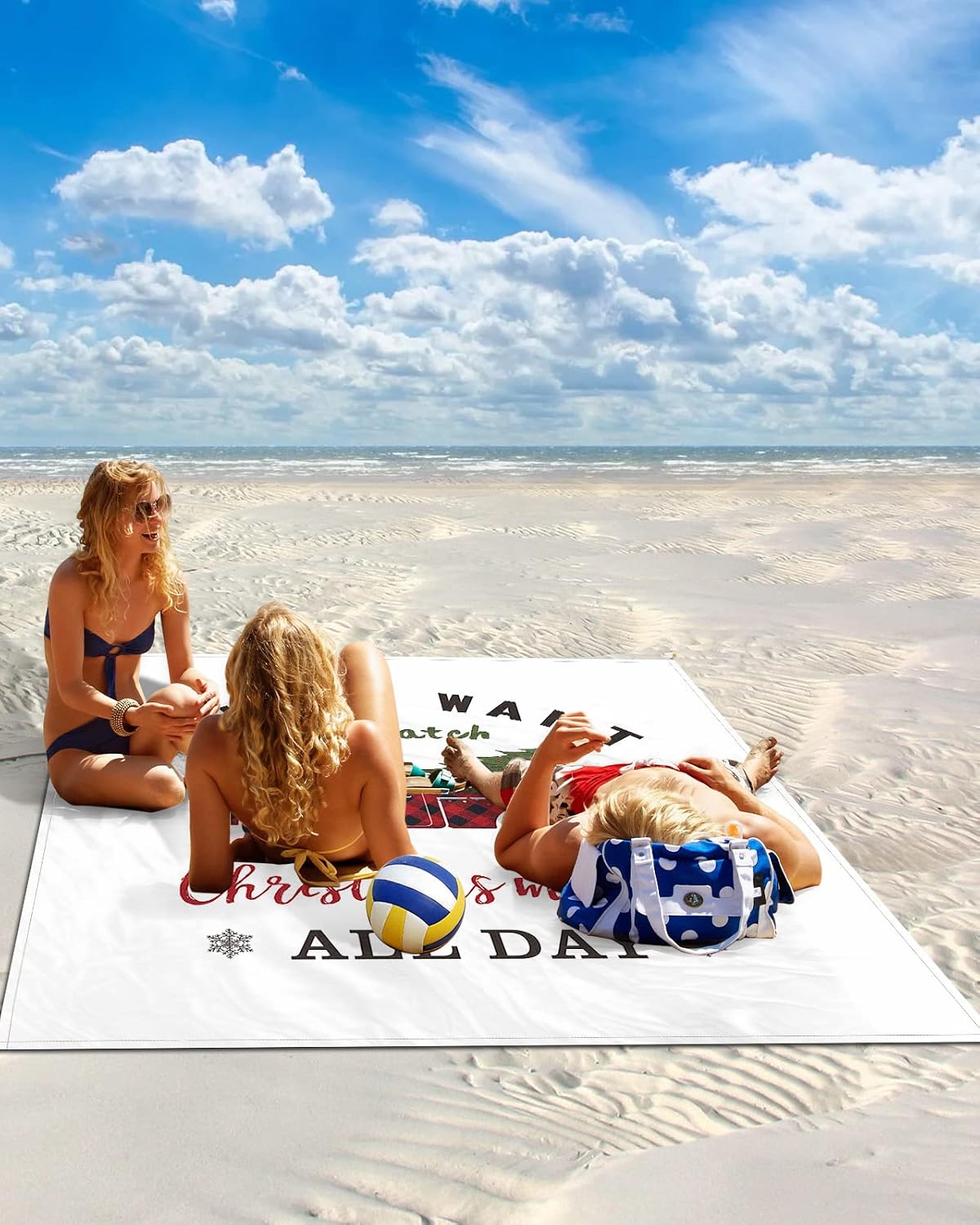 Merry Christmas Red Black Buffalo Truck Xmas Trees Beach Blanket Waterproof Sandproof Outdoor Picnic Mat 108"x84" White Lightweight Large Beaach Blankets with 4 Stake & 4 Corner Pockets