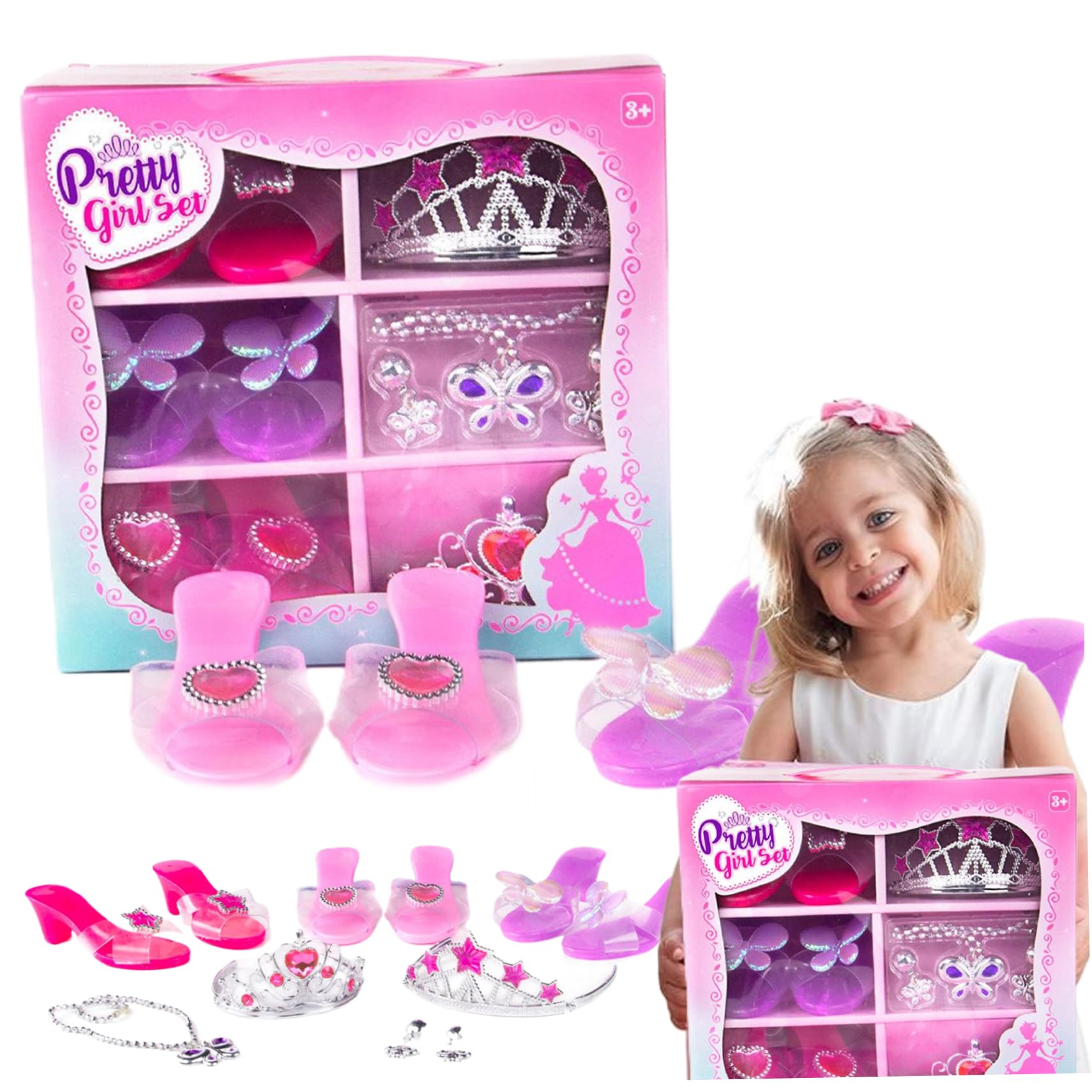 Set di scarpe da vestire da principessa Accessori per vestire da principessa alla moda di corone, collane e orecchini Tacchi carini per bambini Collezione di giochi di ruolo per bambine Scarpe da vest