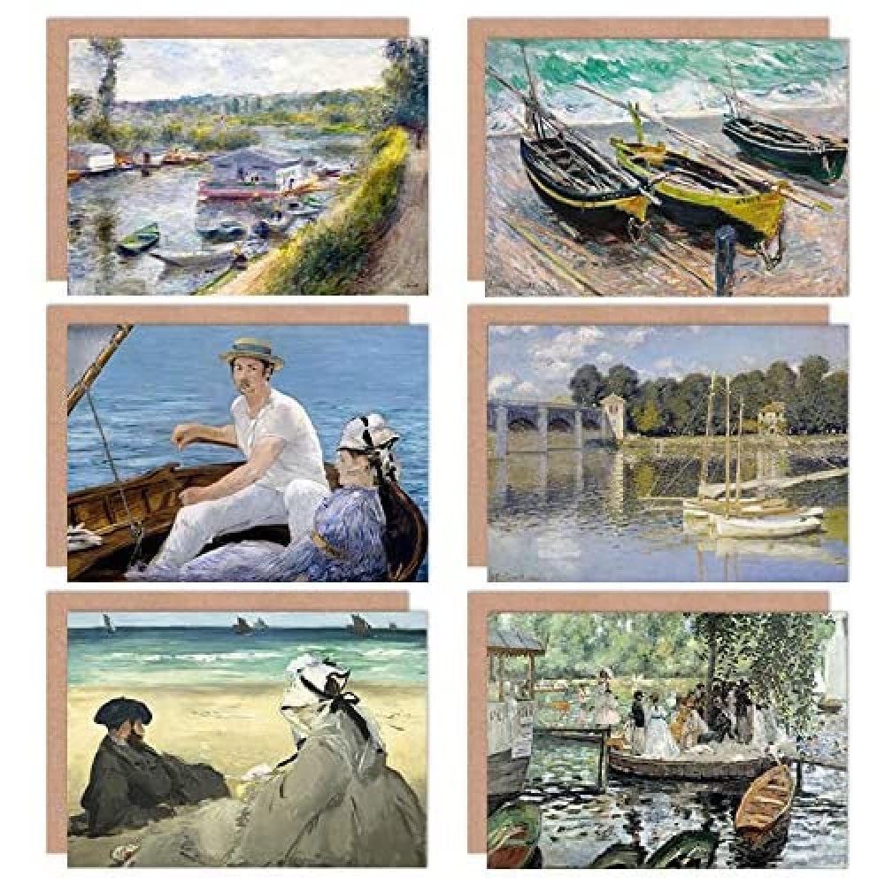 Artery8 Renoir Monet Manet Fishing Boats Water Beach Mixed Fine Art Greeting Card Pack of 6, Mixed Artist Pack 3, 12.5 x 17.5 cm