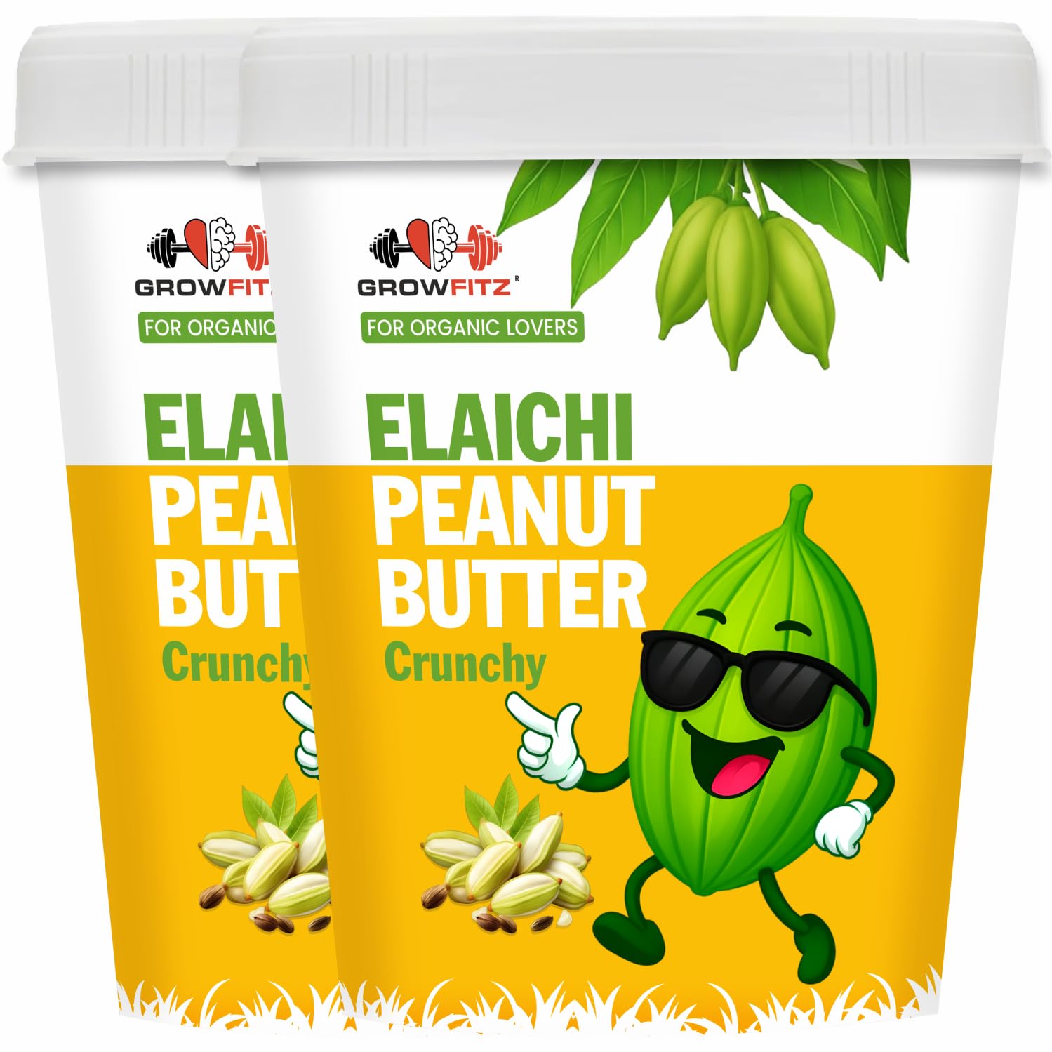 Growfitz Elaichi Peanut Butter Crunchy 400g | 27g High Protein | High Fiber | Zero Cholesterol | 100% Pure, Vegan, Non-GMO, Gluten-Free | Tasty & Healthy Nut Butter Spread | Elaichi Flavor, Pack of 2