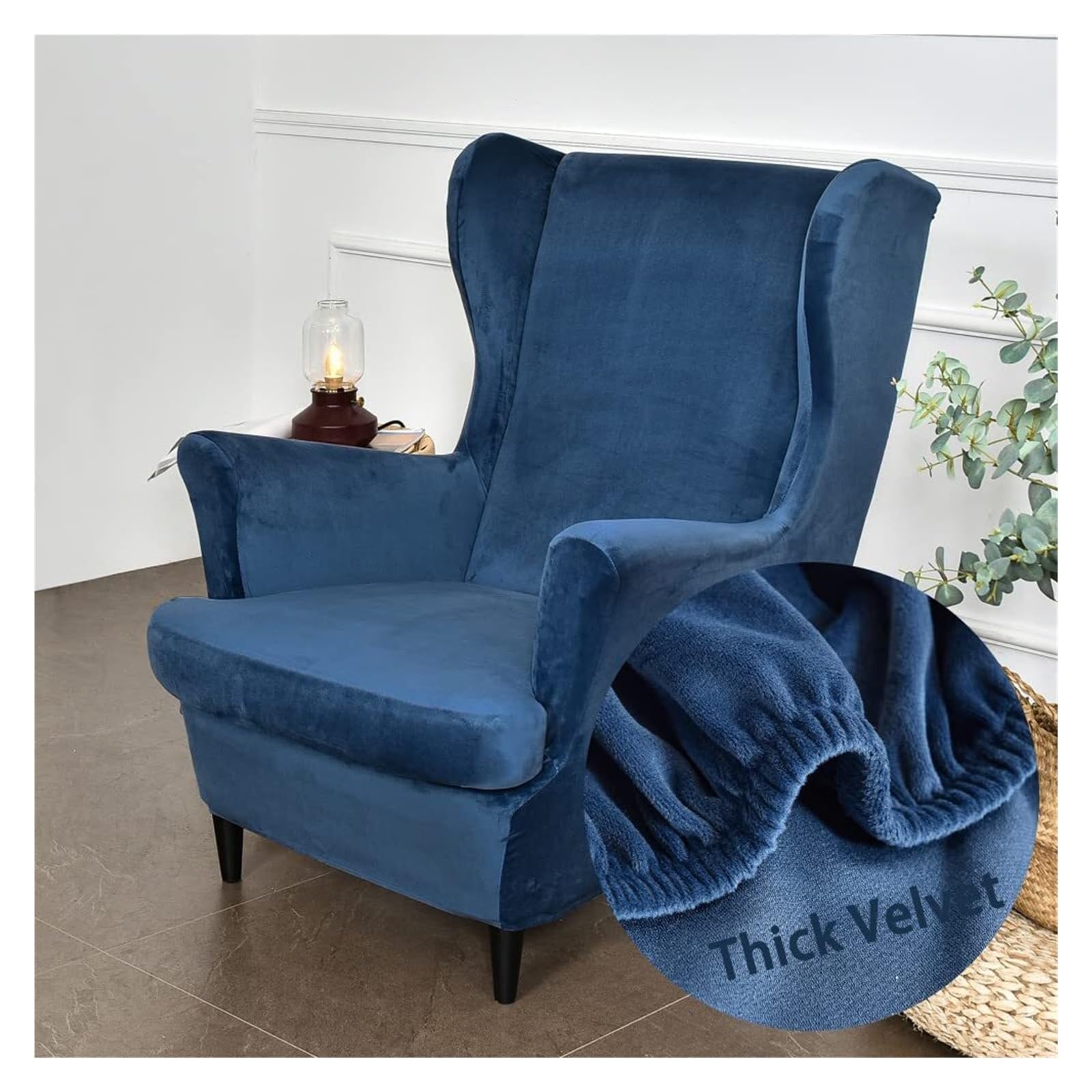 WJHDWYD 2-Piece Stretch Velvet Wingback Chair Cover Armchair Cover with T-Cushion Cover, Solid Color Fashion Non-Slip Armchair Cover for Strandmon,Bedroom(Bleu Marine)