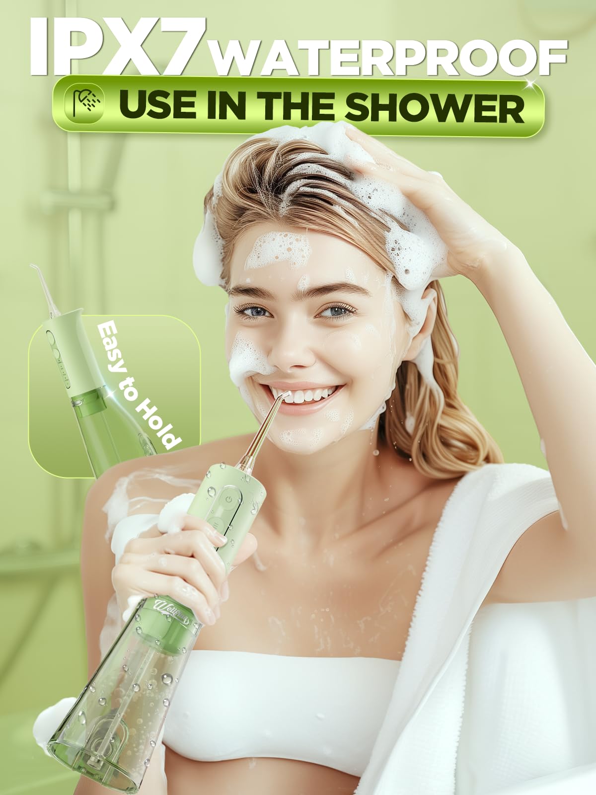 WELLFINE Filo interdentale per acqua, con 4 modalità, irrigatore orale senza fili, 300 ml, portatile e ricaricabile, IPX7, impermeabile, potente durata della batteria, per la pulizia di casa e viaggi