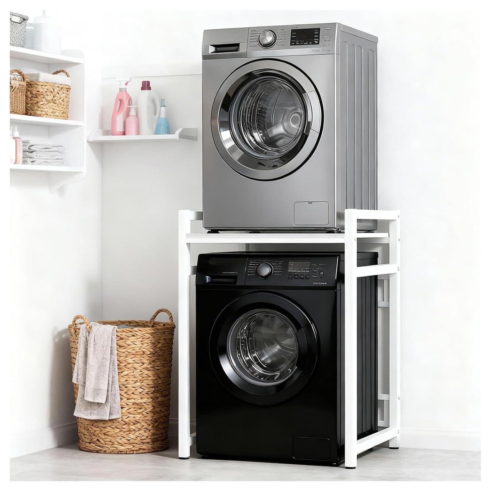 Pobbycrafm Washing Machine Stacking Kits Washer Dryer Countertop Tumble Dryer Stacking Kit Fridge Stand Adjustable Washing Machine Shelf White