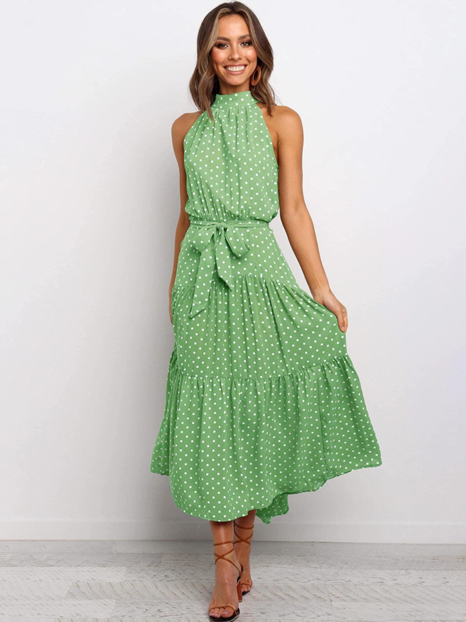 TOBILE Vestido largo de verano con lunares, vestido informal sin tirantes, amarillo, ideal para vacaciones, ropa femenina
