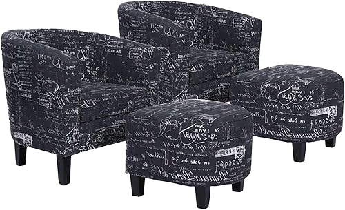 Miniatura 49 de Silla Belleze Accent Club con brazos redondos modernos y elegantes, con otomana, con espalda curvada, impresión francesa, de lino y piel sintética,