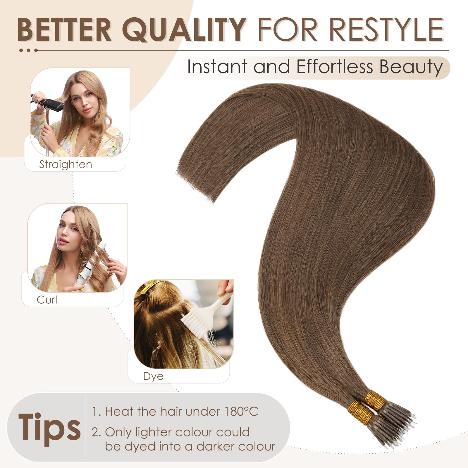 Elailite Nano Ring Extension Real Human Hair Cold Fusion With Nano Beads Remy Hair 50 Strands 50g Straight (#4 Medium Brown, 14 Inch) - Image 3