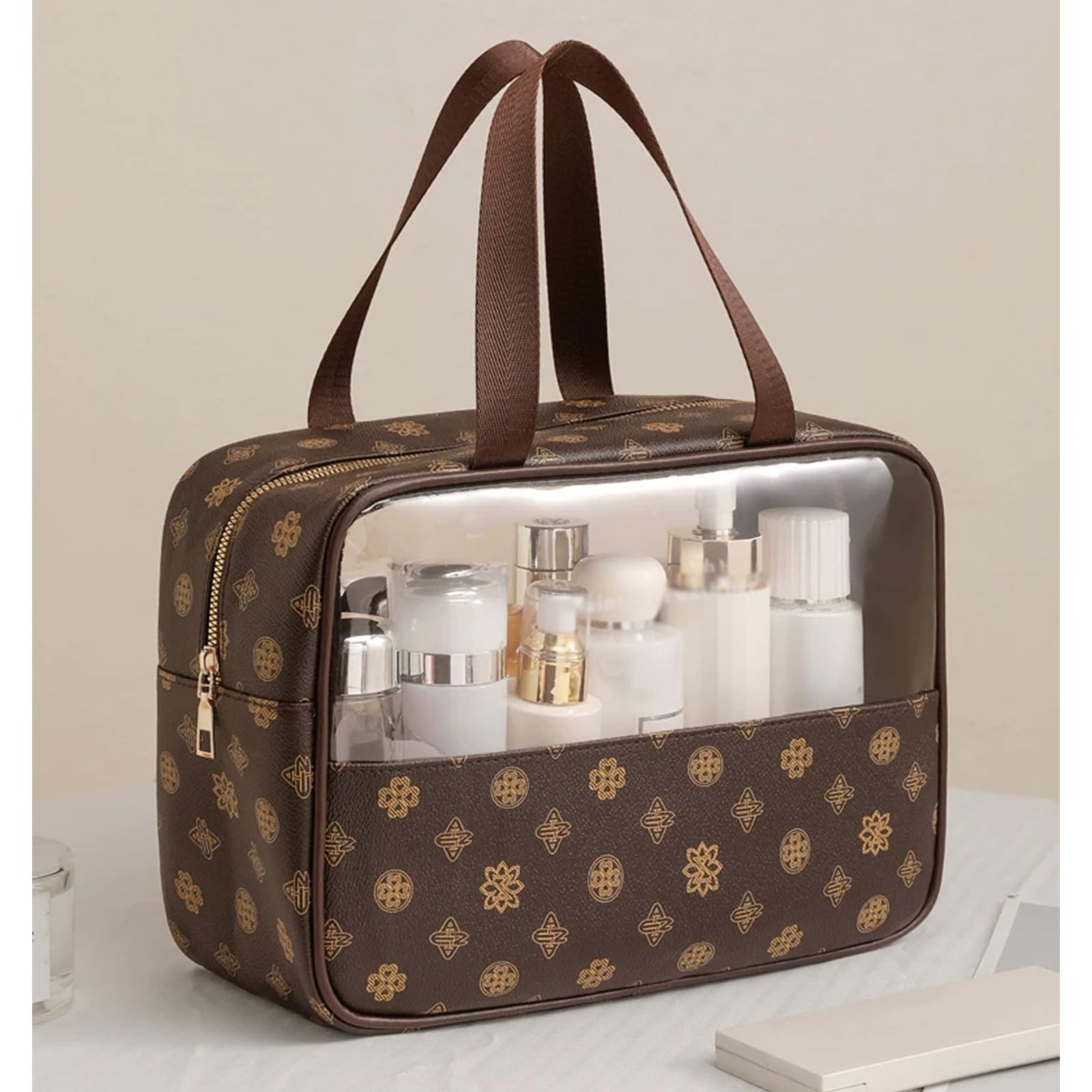 Borsa da Bagno da Viaggio, Trousse Portatile con Cerniera, con Tasche Interne, Ampia Apertura, Leggero e Pratico, Impermeabile, Accessorio Viaggio Essenziale per le Donne(Apricot)