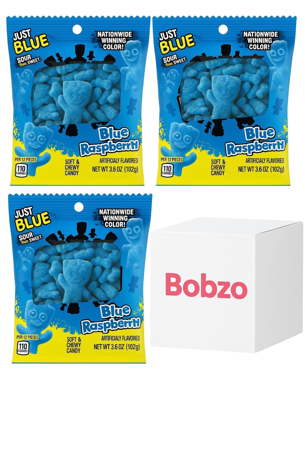 Bobzo Bundle Gift Pack of 3 – Sour Blue Raspberry Chewy Candy 3.6oz (102g) Each – Imported American Sweets