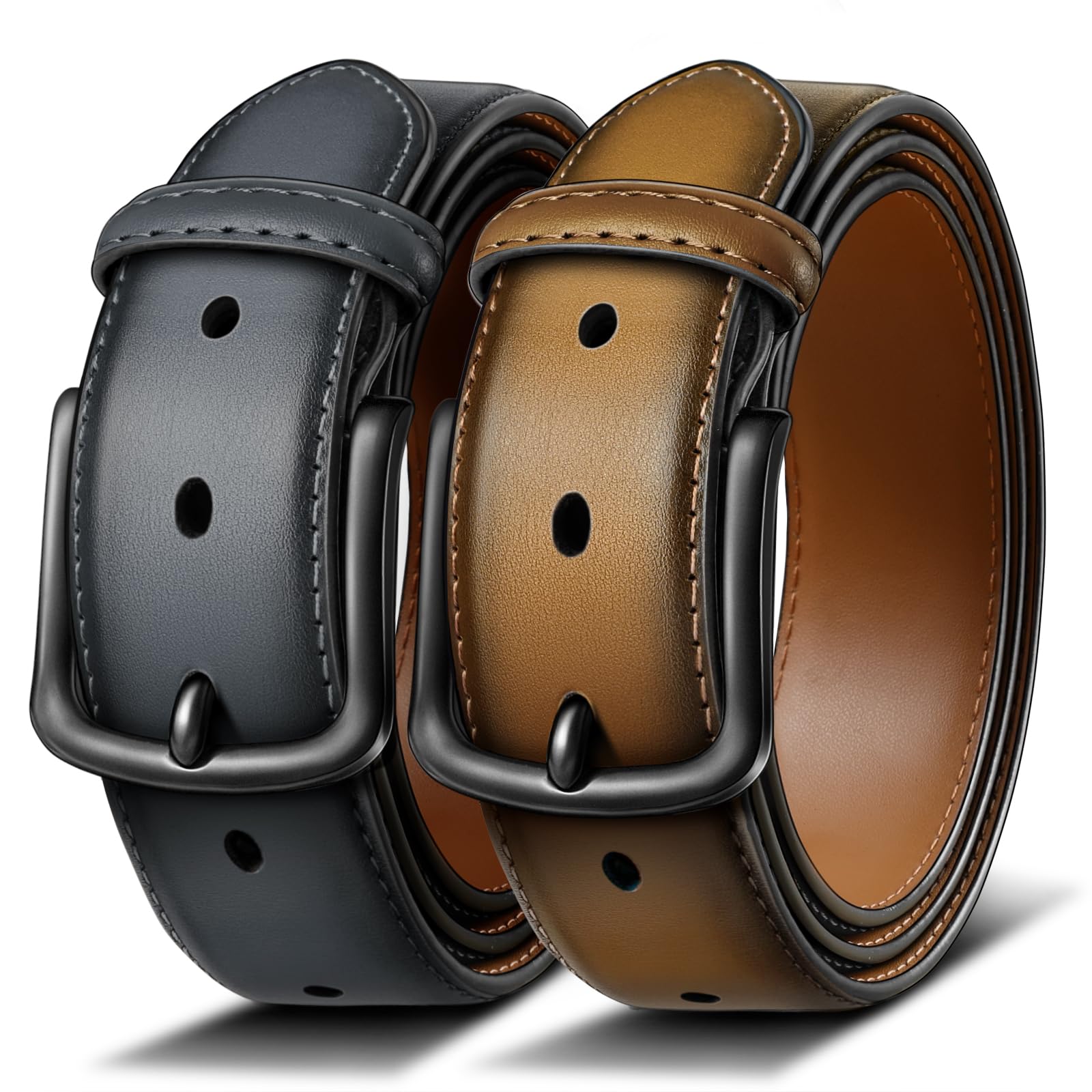 BULLIANT Men Belt 2Pack-Leather Belt 7Holes Comfortable For Men's Dress Casual Jeans 1 3/8"