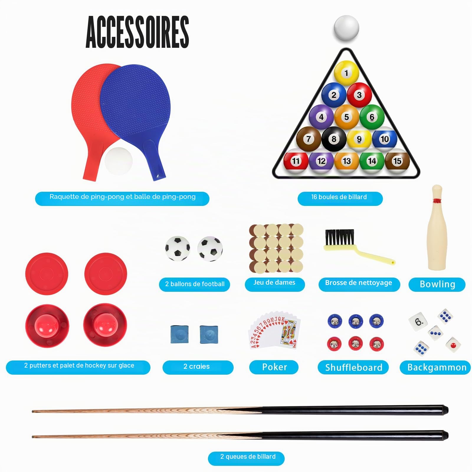 4FT Multifonction 10 en 1, Table combinée Baby-foot, Billard, Ping-pong, Hockey avec accessoires, Pieds pliables verticaux