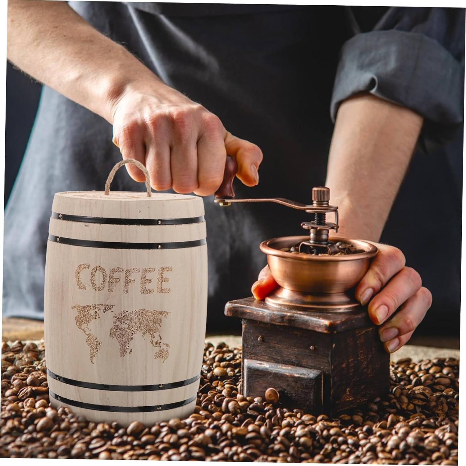 Lurrose Vintage Tea Canister Wooden Barrel Utensil Holder Coffee Ground Storage Sturdy Aroma-maintaining