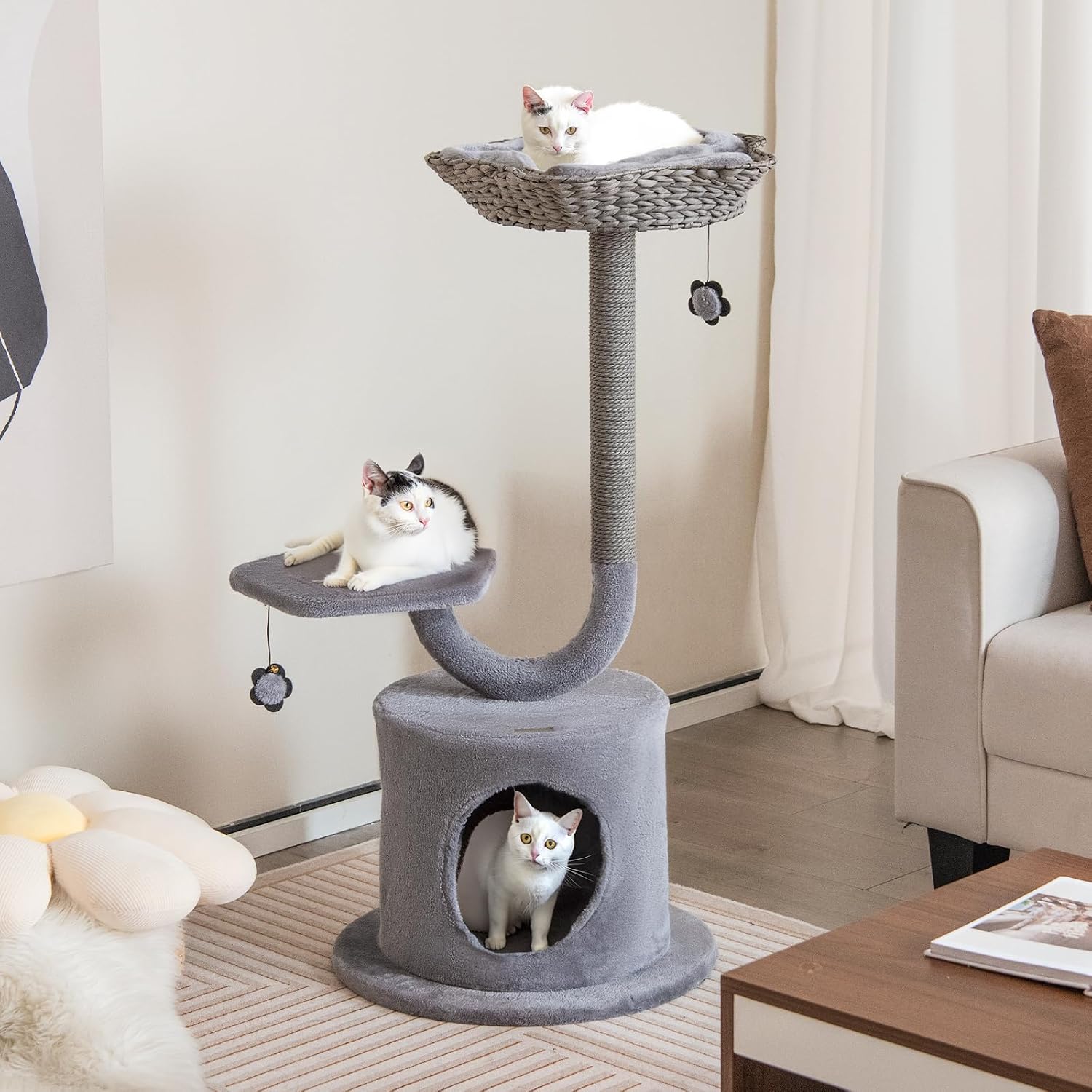 Tangkula Cat Tree for Indoor Cats, 42 Inch Cute Cat Tower with Curved Metal Supporting Frame, Sisal Scratching Posts, Top Perch, Cat Condo, 3-Layer Small Flower Cat Tree Tower