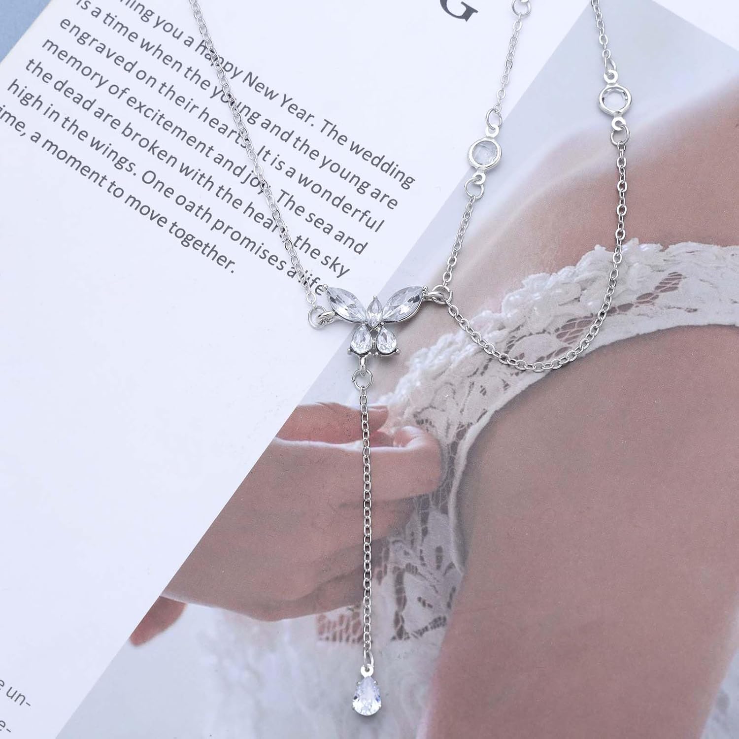 Vintage Teardrop Crystal Y Drop Necklace Silver Cz Butterfly Choker Necklace Tiny Cz Teardrop Lariat Necklace Minimalist Rhinestone Y Necklace Jewelry for Women - Image 6
